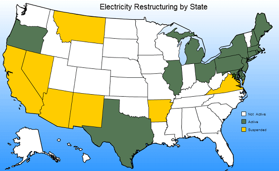 Carte des Etats ayant ouvert leur marché de l'électricité en 2010